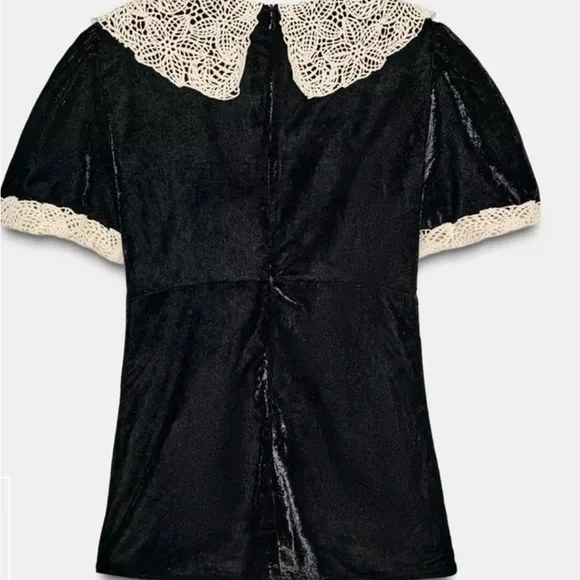 Zara Black Top with Cream Lace Collar - Picture 3 of 4
